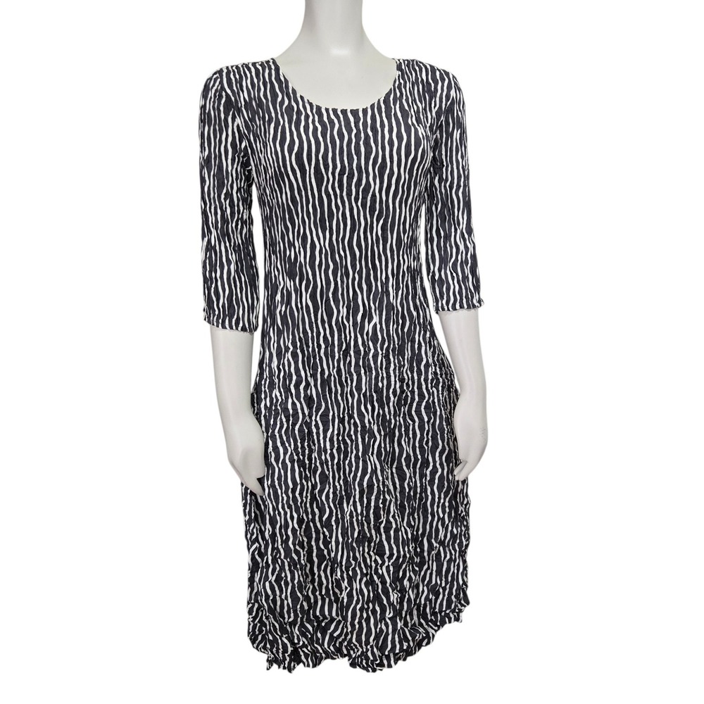 Alquema Smash Pocket Dress Womens 1 S Gray White Pleated 3/4 sleeve Lagenlook